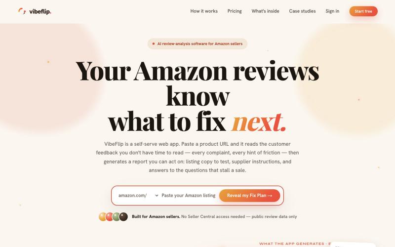 VibeFlip — Turn Amazon Reviews Into Revenue | AI Fix Plans for Sellers — screenshot
