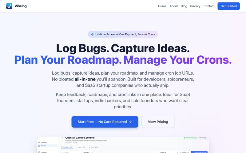 Vibelog - Bug Tracker, Cron Manager & Roadmap for SaaS Founders — screenshot