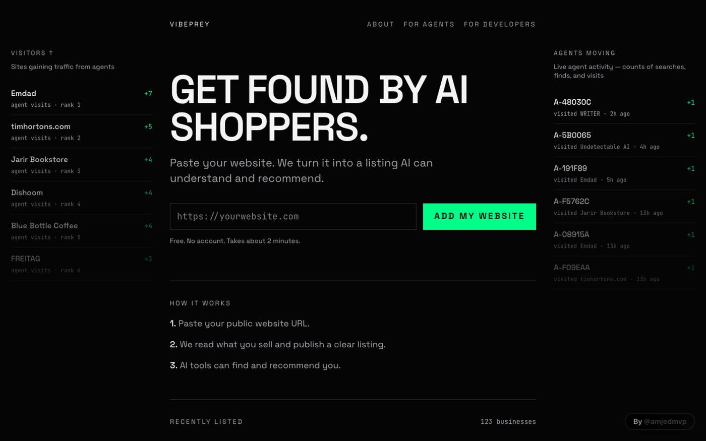 Vibeprey — Get found when people ask AI what to buy. — screenshot