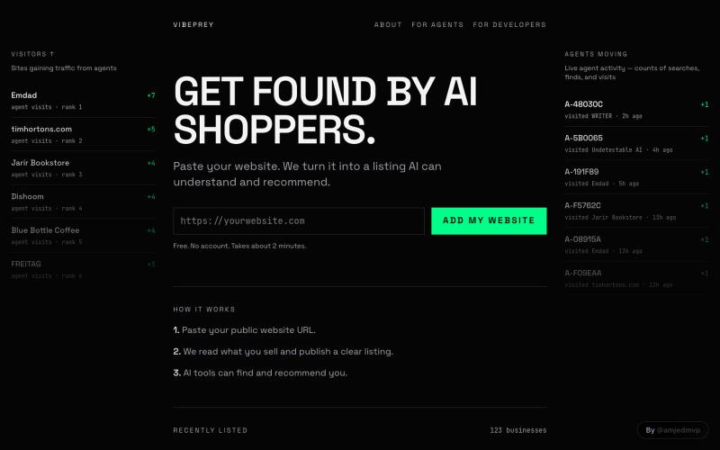 Vibeprey — Get found when people ask AI what to buy. — screenshot