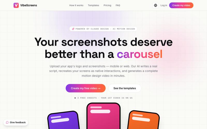 VibeScreens — Vidéos motion design de votre app, générées par IA — screenshot