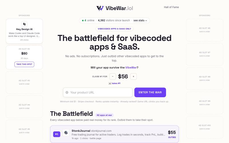 VibeWar — The battlefield for vibecoded apps & SaaS. — screenshot