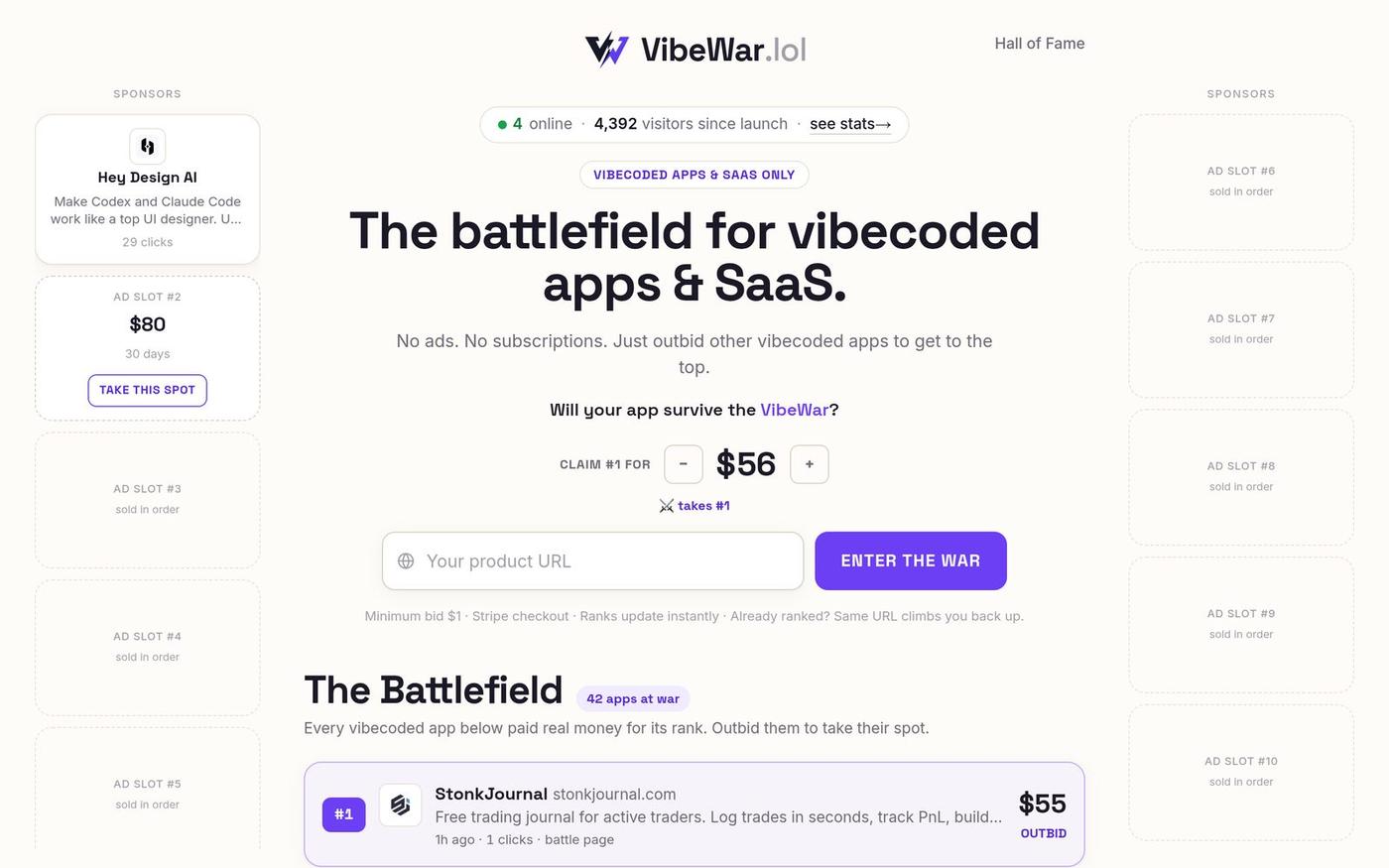 VibeWar — The battlefield for vibecoded apps & SaaS. — screenshot