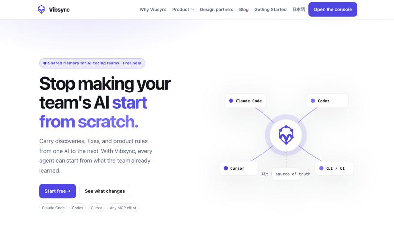 Shared Memory for AI Coding Agents and Teams | Vibsync — screenshot