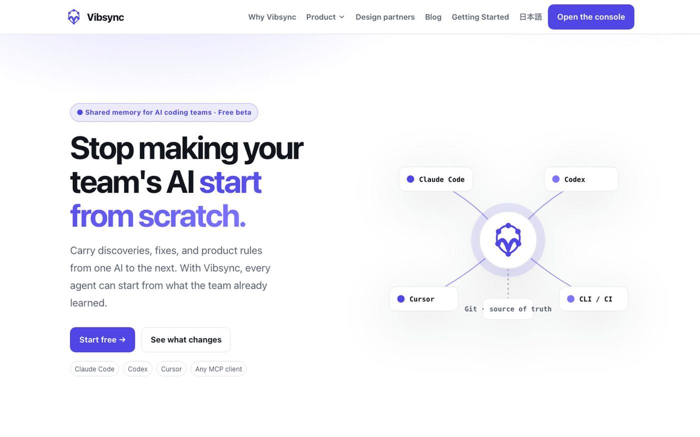 Shared Memory for AI Coding Agents and Teams | Vibsync — screenshot