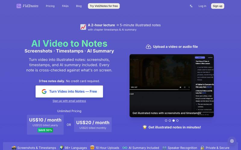 AI Video to Notes with Screenshots, Timestamps & AI Summary | Vid2notes — screenshot