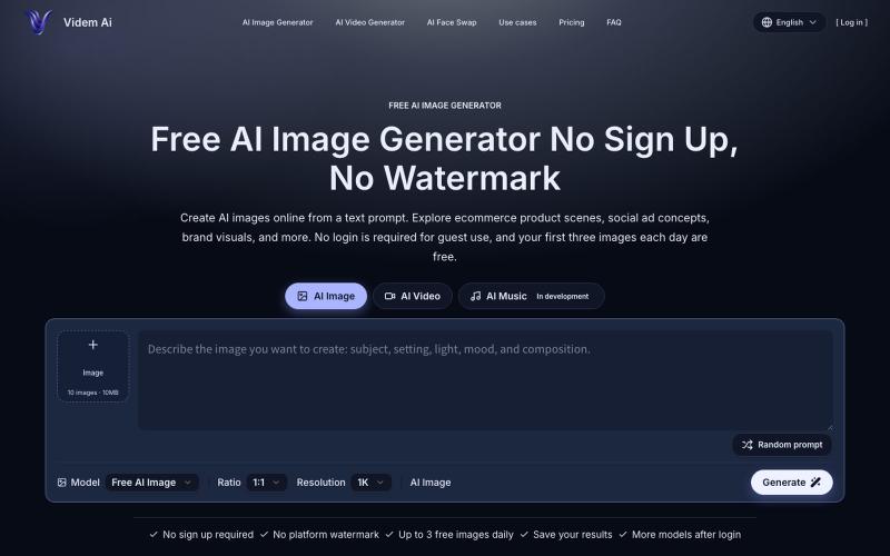 Free AI Image Generator, No Sign Up or Watermark | Videm Ai — screenshot