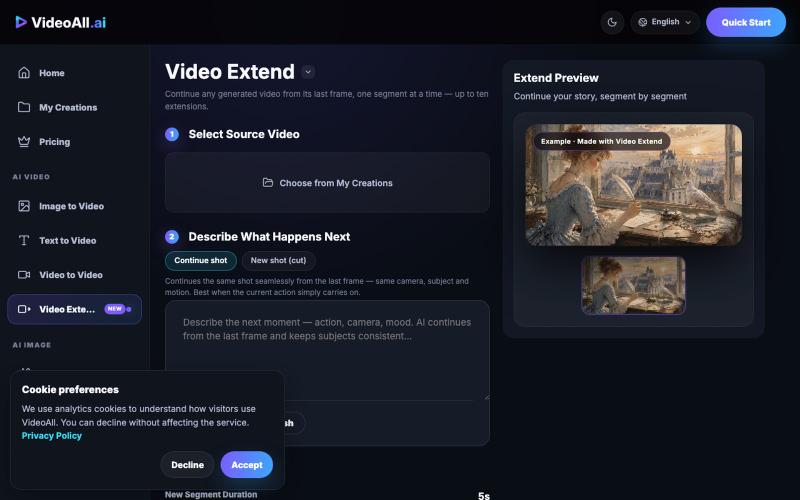 Video Extend · VideoAll — screenshot