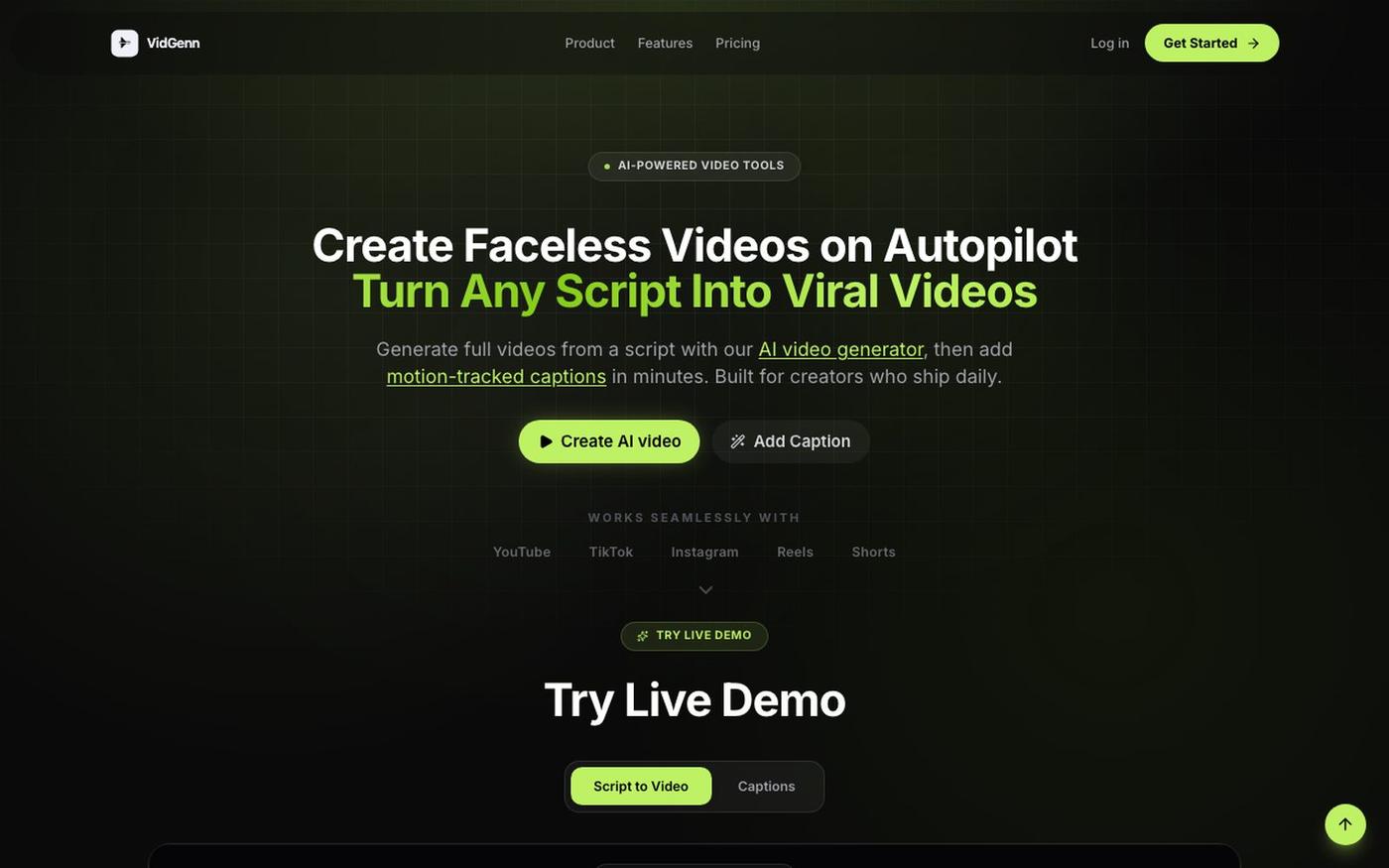 VidGenn · AI Faceless Video Generator — Captions for YouTube & TikTok — screenshot