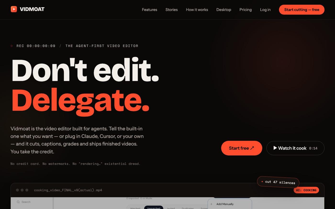 Vidmoat — AI Video Editor. Type a prompt, get a finished video. — screenshot