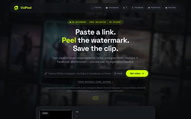 VidPeel — Free Online Video Downloader (No Watermark, HD) — screenshot