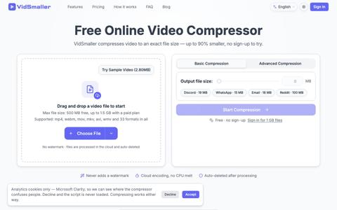 Free Online Video Compressor — Any Target Size | VidSmaller — screenshot