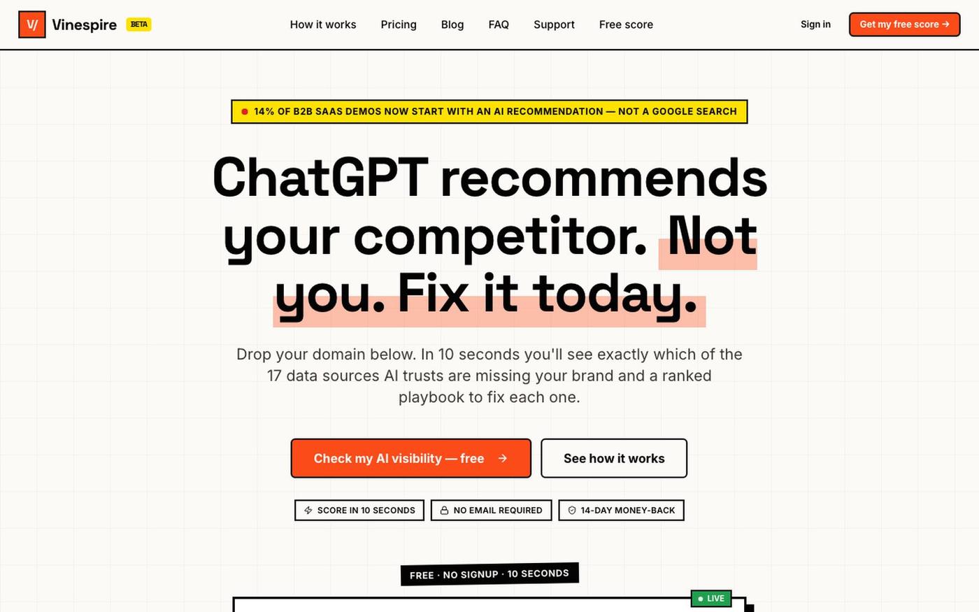 Vinespire — ChatGPT recommends your competitors. Fix AI visibility in 10 seconds — screenshot