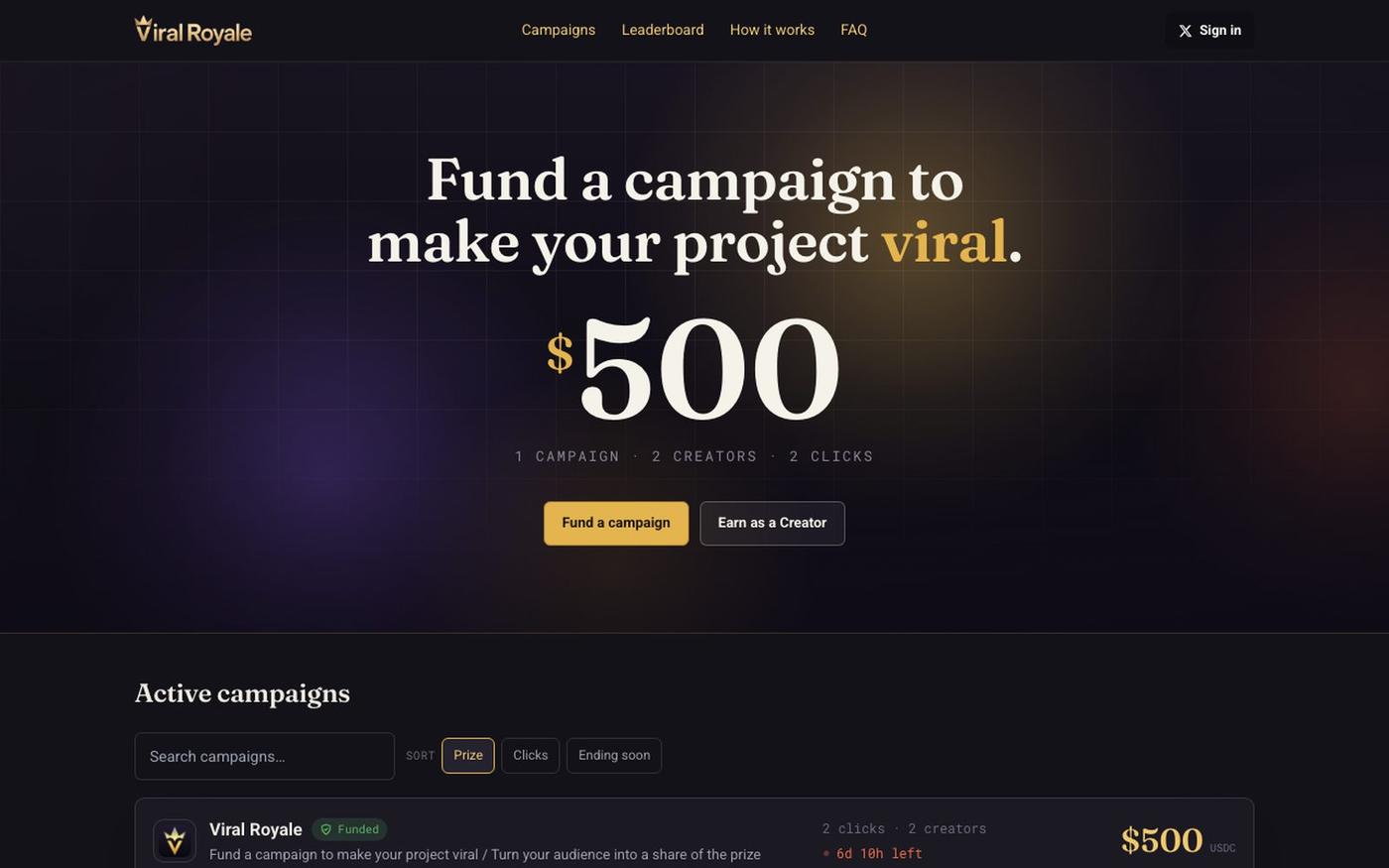 ViralRoyale, fund a campaign, go viral — screenshot