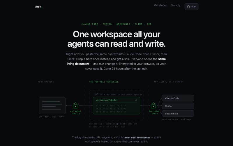 Share context between Claude Code, Cursor & any agent | vnsh — screenshot