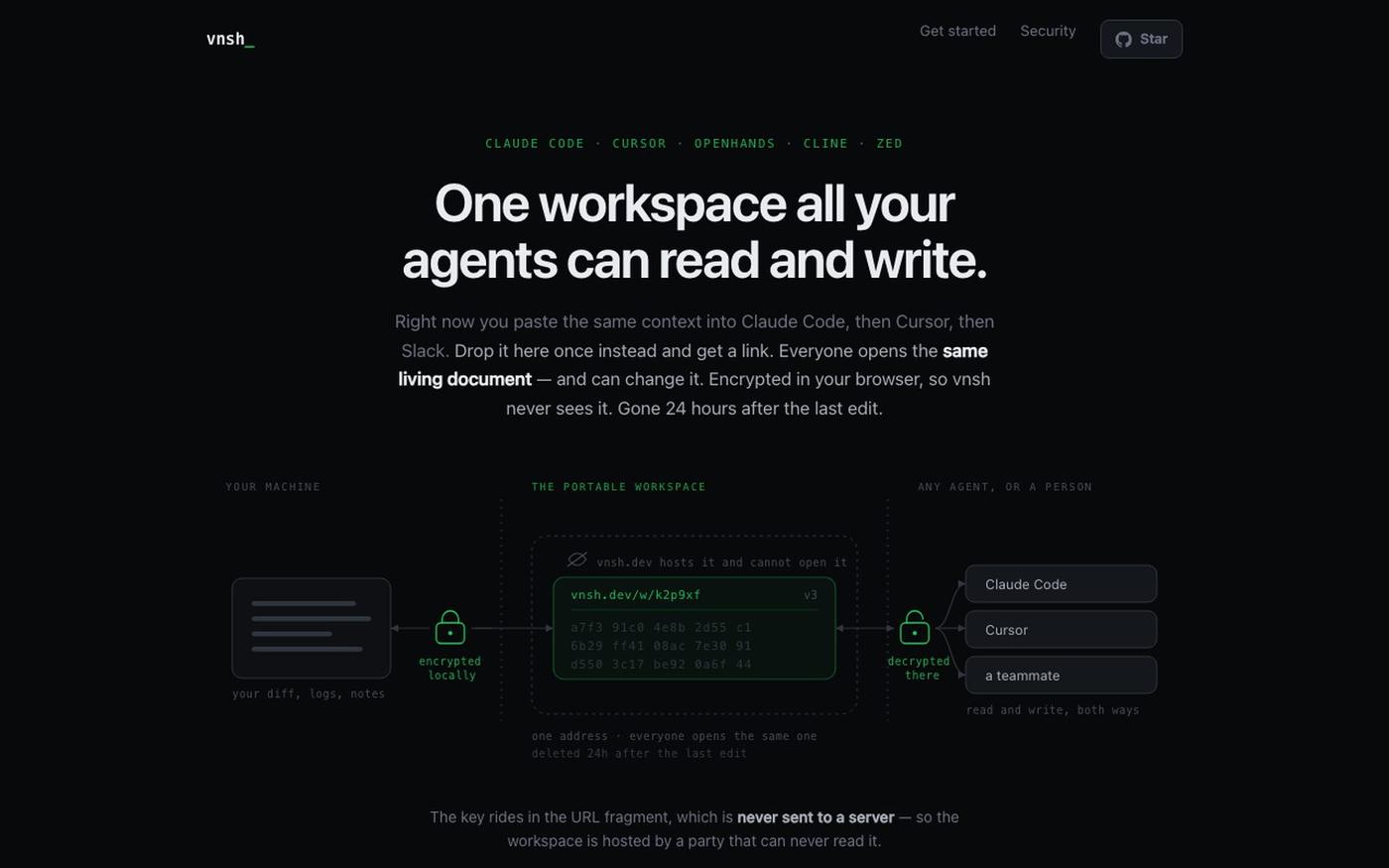 Share context between Claude Code, Cursor & any agent | vnsh — screenshot