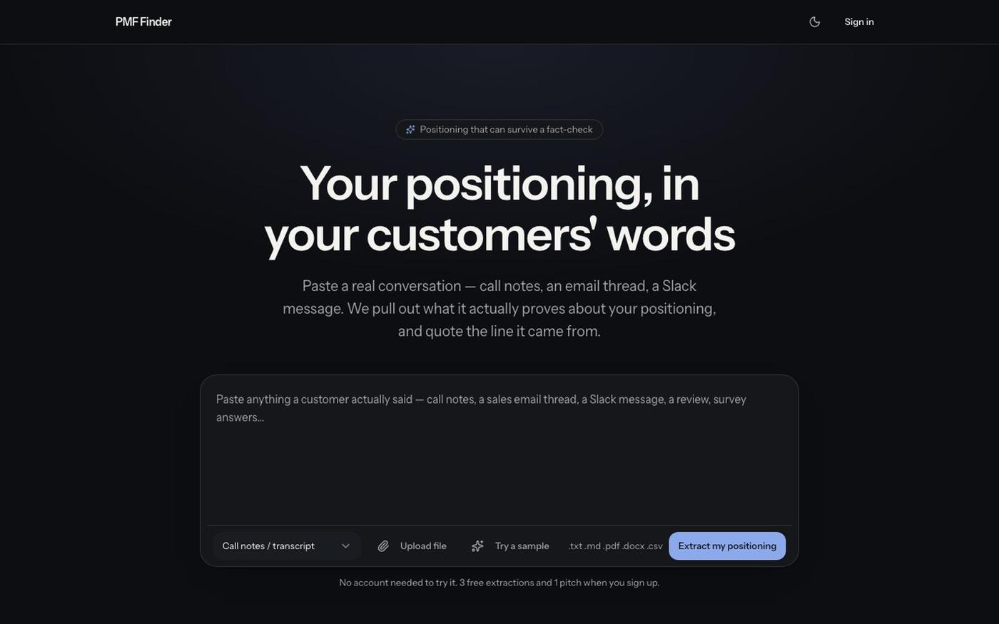 PMF Finder — positioning built from what customers actually said — screenshot