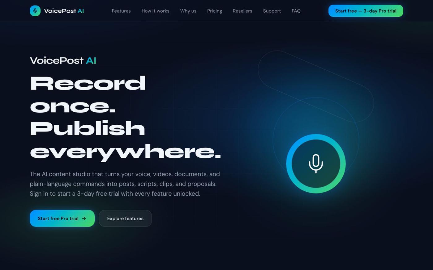 VoicePost AI | Voice to Content, Video Scripts, Clips & Proposals — screenshot