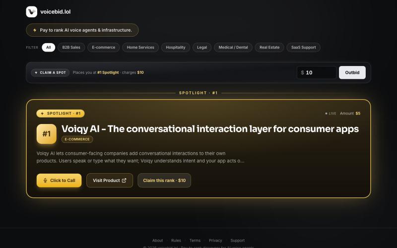 voicebid.lol | Pay-to-Rank Directory for AI Voice Agents — screenshot