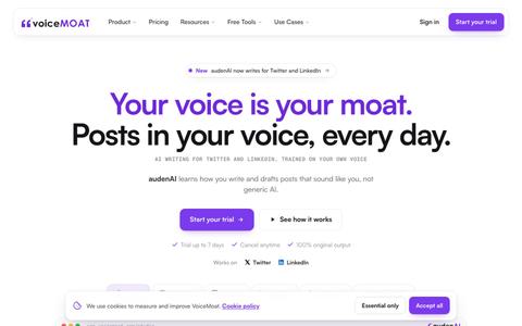 Grow on Twitter & LinkedIn, never sound like AI. VoiceMoat — screenshot