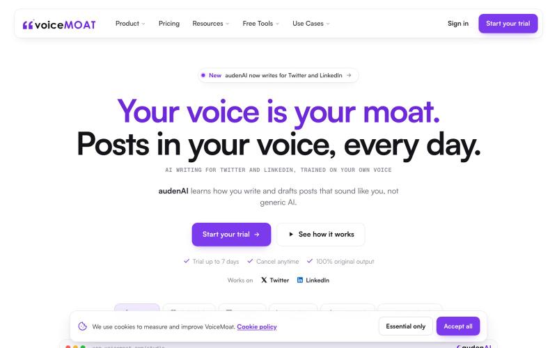 Grow on Twitter & LinkedIn, never sound like AI. VoiceMoat — screenshot