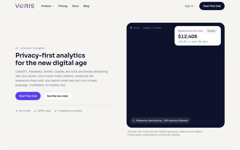 Voris: privacy-first analytics for the AI-influenced web — screenshot