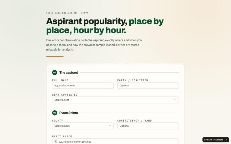 Aspirant Popularity Field Log — Kenya | Mwananchi Pulse — screenshot