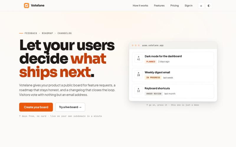 Votelane - feedback boards your users actually use — screenshot