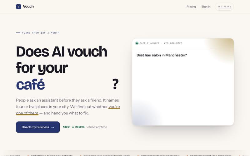 Vouch — does AI recommend your business? — screenshot