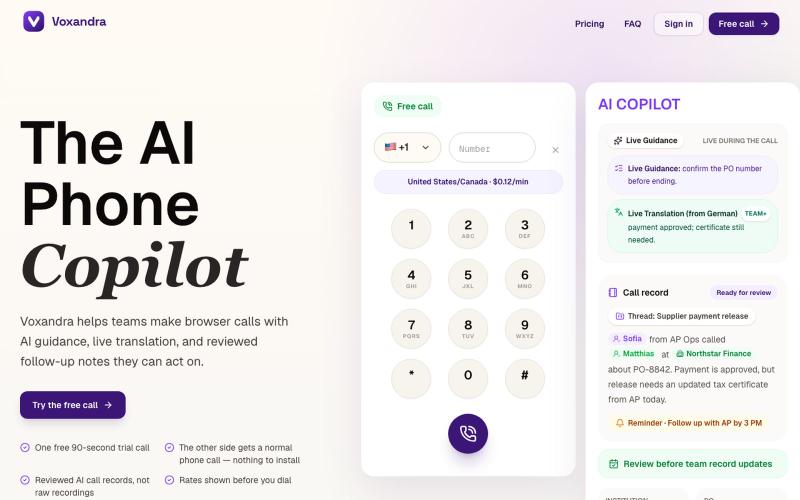 Voxandra | AI Phone Copilot for Teams — screenshot