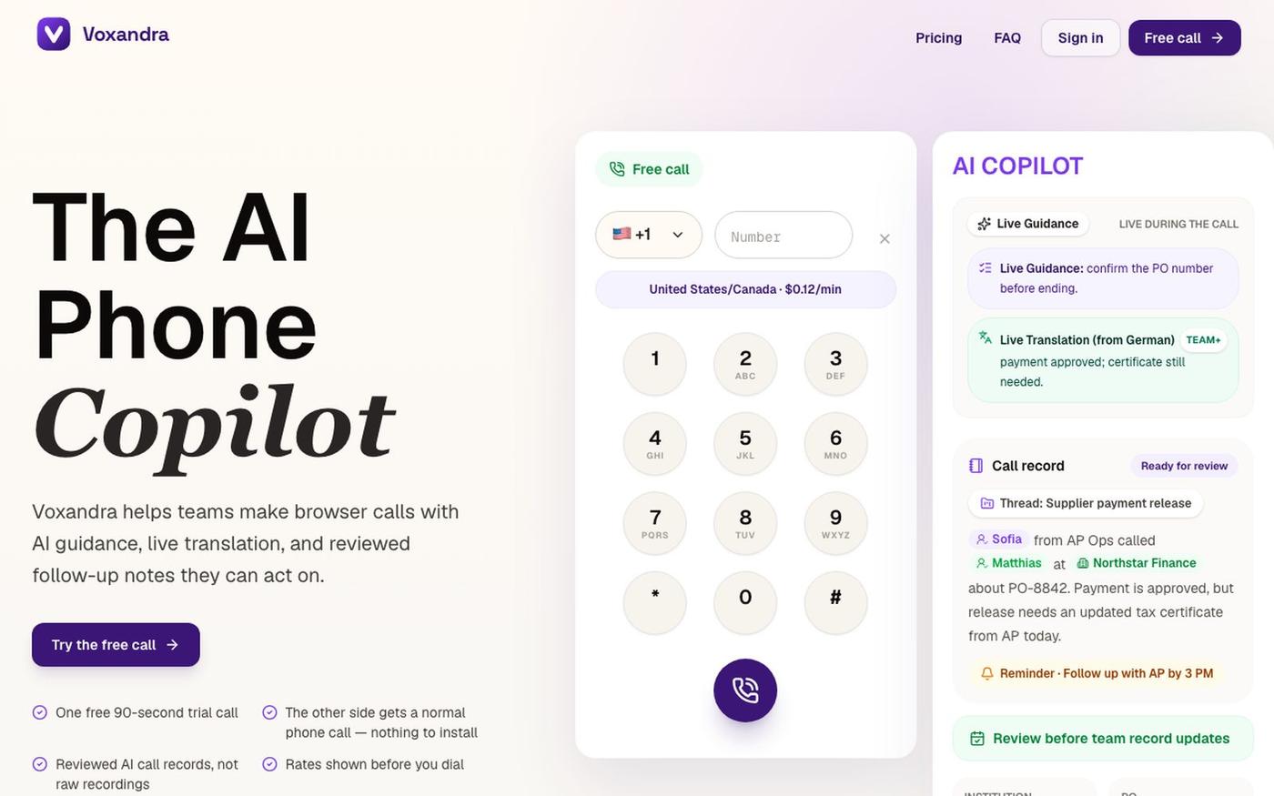Voxandra | AI Phone Copilot for Teams — screenshot