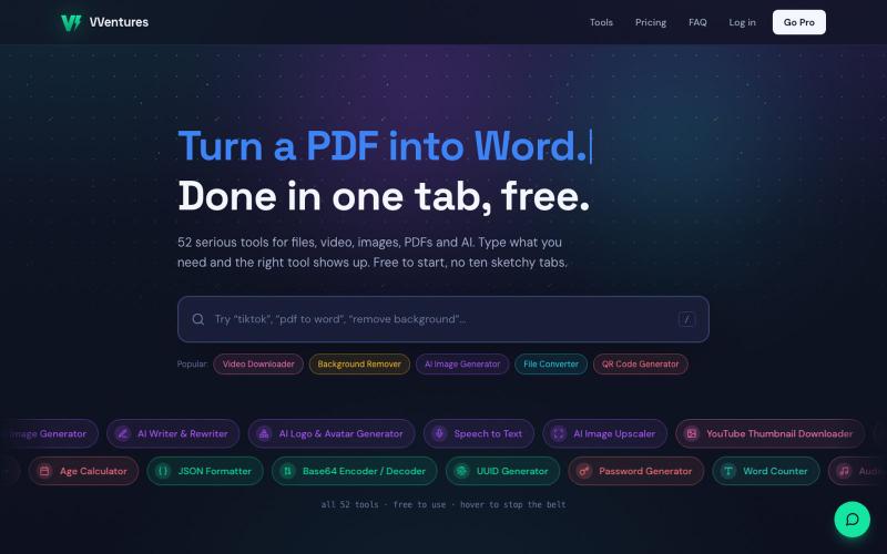 VVentures, 50+ Free Online Tools (Convert, AI, PDF, Media) — screenshot