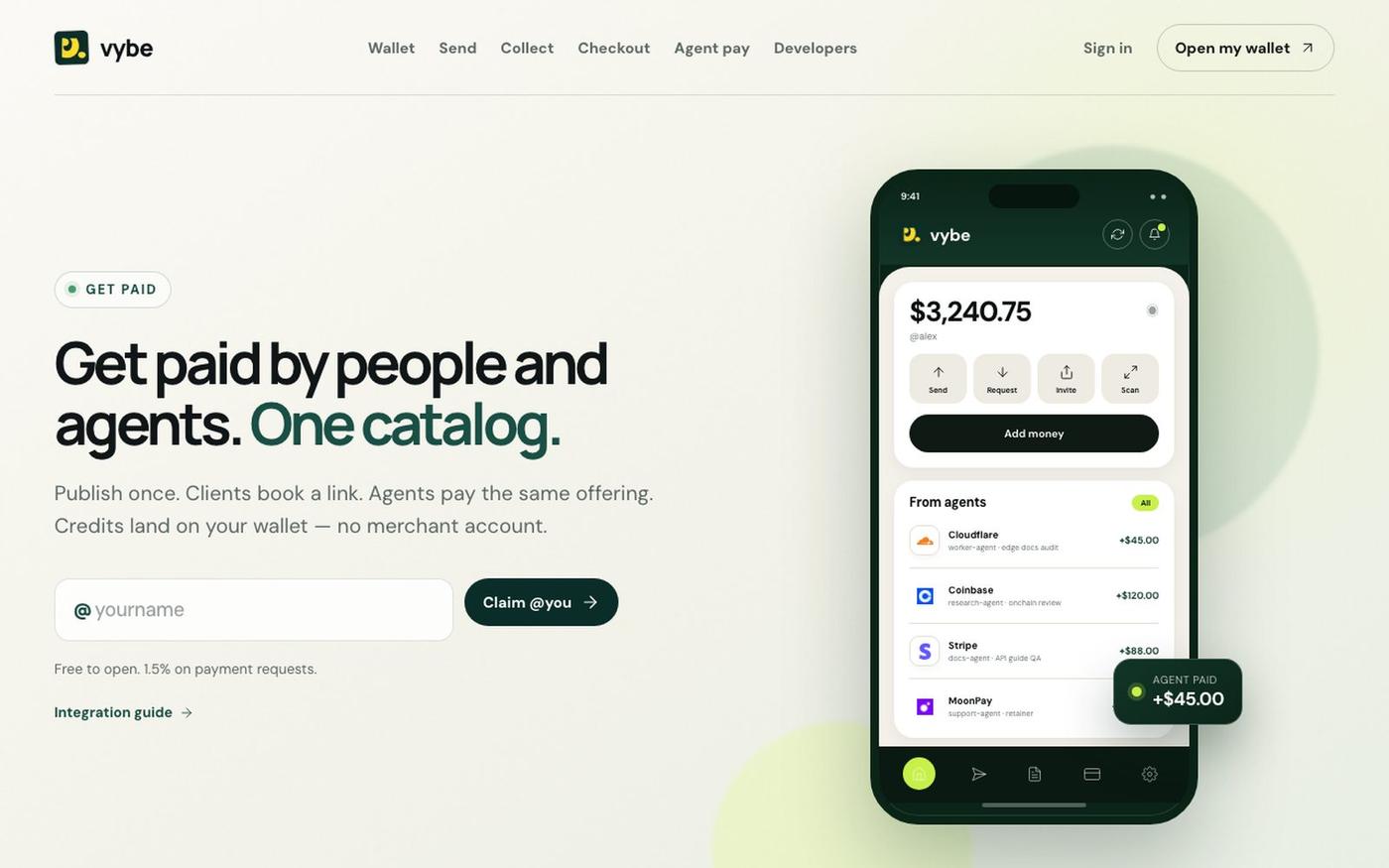 Vybe Collect — get paid by AI agents · Vybe — screenshot