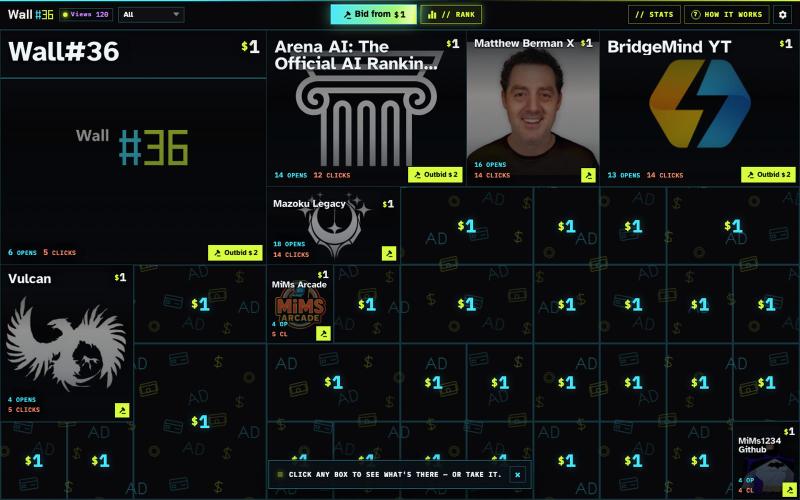 Wall#36 — 36 ad spots. Highest bid holds a tile for 1 year — screenshot