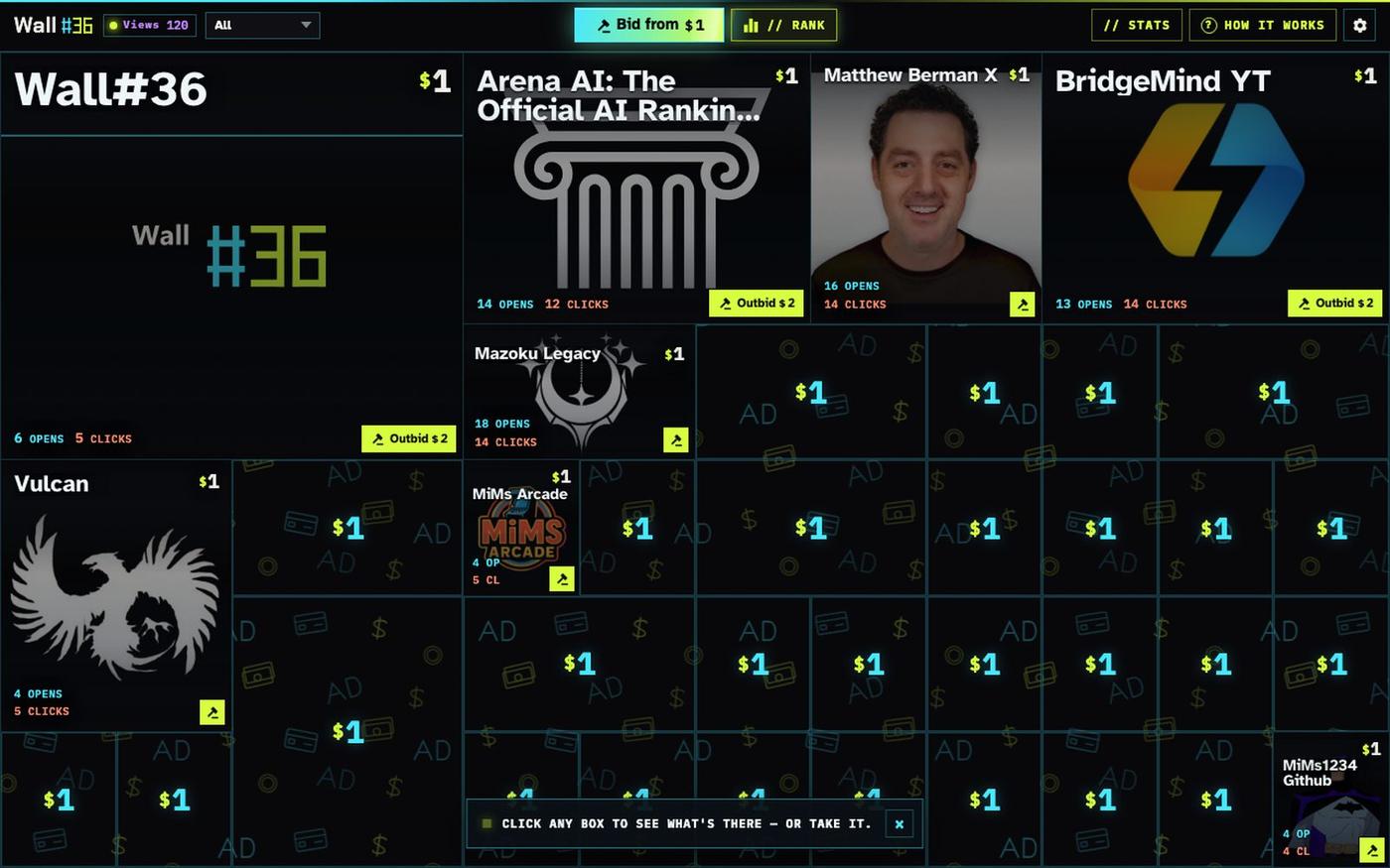 Wall#36 — 36 ad spots. Highest bid holds a tile for 1 year — screenshot