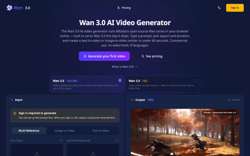 Wan 3.0 AI Video Generator — 4K, Browser-Based, No GPU — screenshot