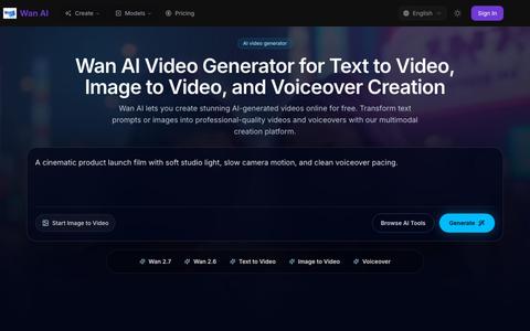Wan AI - AI Video Generator | Text to Video | Image to Video | Voiceover Creatio — screenshot