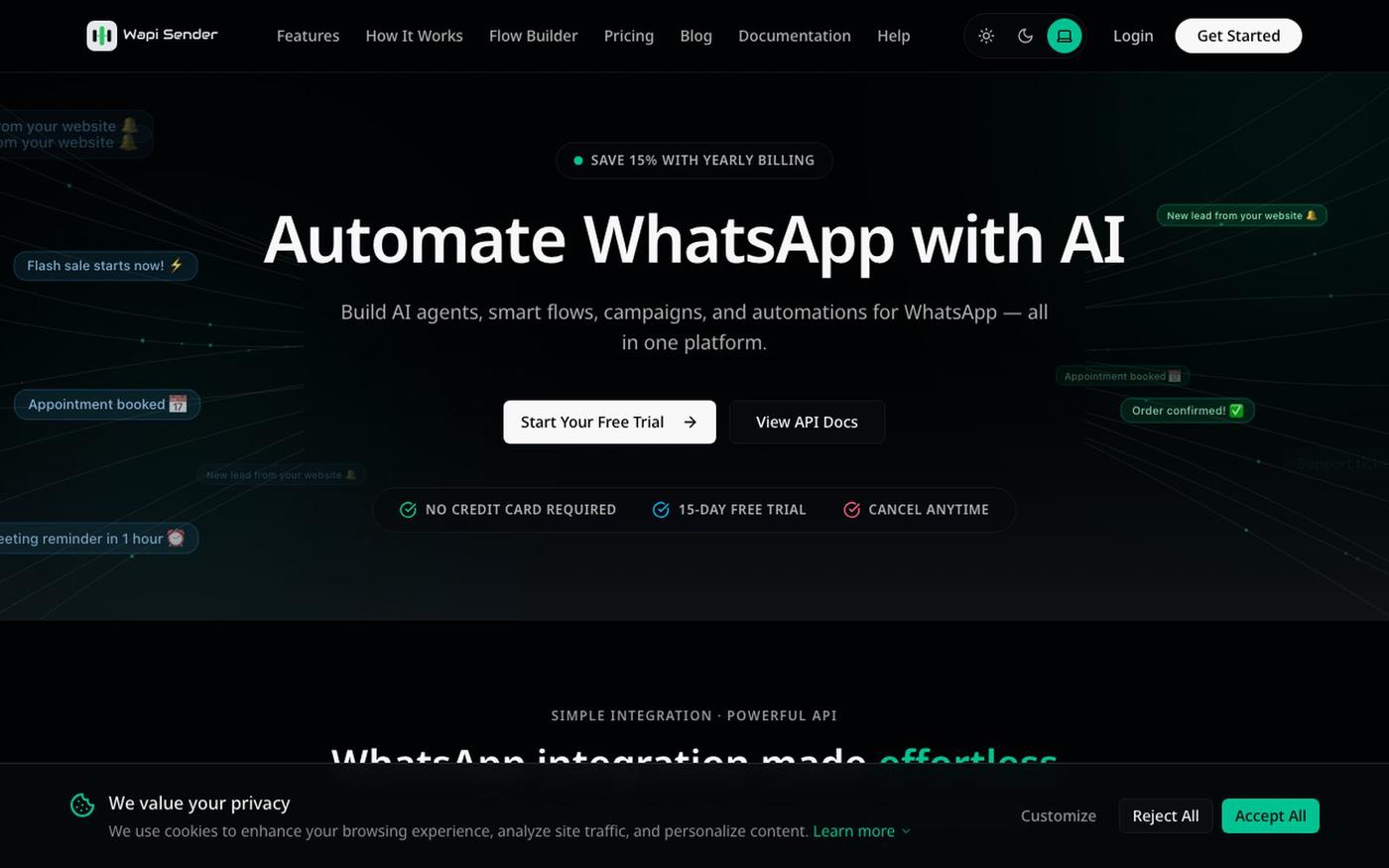 WhatsApp Automation, AI Agents & Flow Builder | WapiSender — screenshot