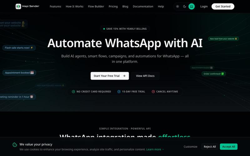 WhatsApp Automation, AI Agents & Flow Builder | WapiSender — screenshot