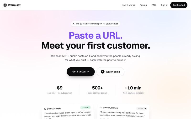 WarmList — Paste a URL. Meet your first customer. — screenshot