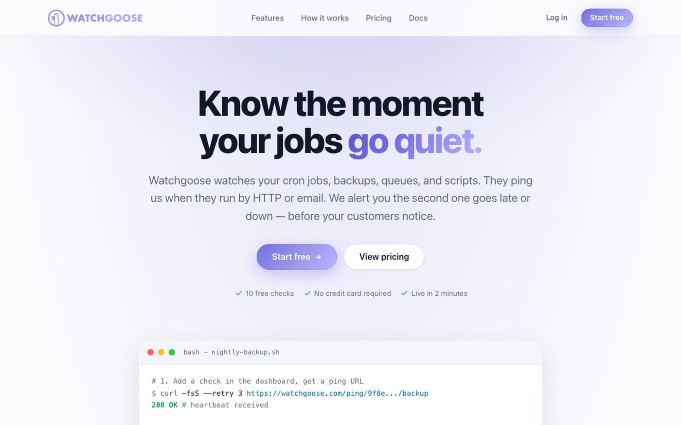 Watchgoose - Know the Moment Your Cron Jobs Go Quiet — screenshot
