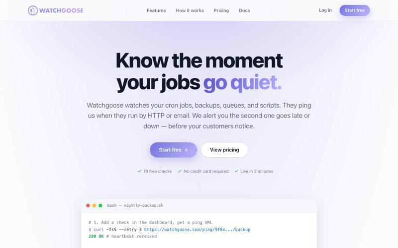 Watchgoose - Know the Moment Your Cron Jobs Go Quiet — screenshot