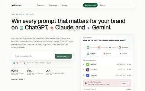 AI Visibility Monitoring: Win Buyer Prompts | watchLLMs — screenshot