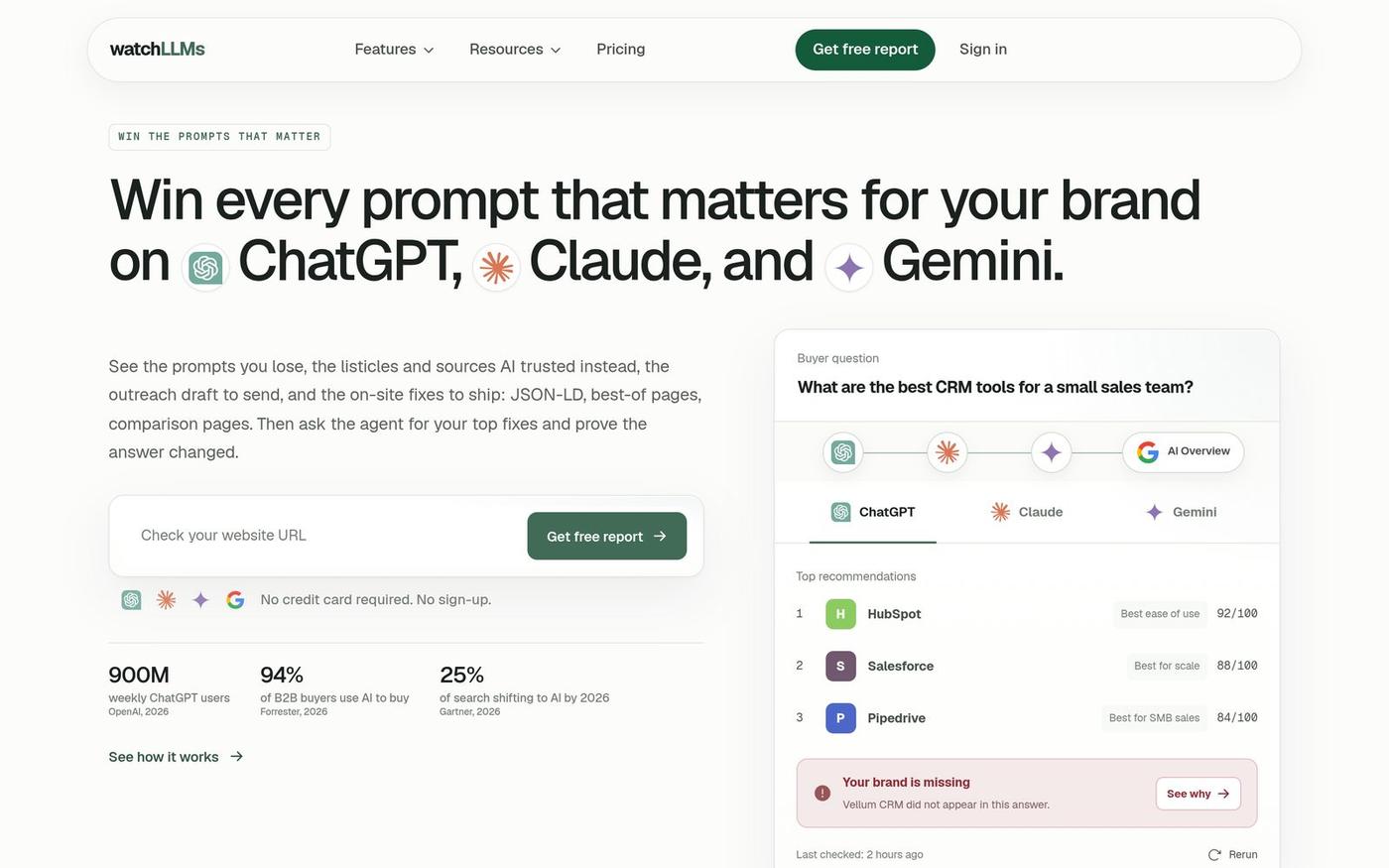 AI Visibility Monitoring: Win Buyer Prompts | watchLLMs — screenshot