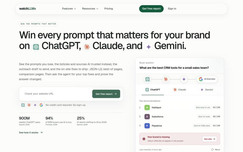 AI Visibility Monitoring: Win Buyer Prompts | watchLLMs — screenshot
