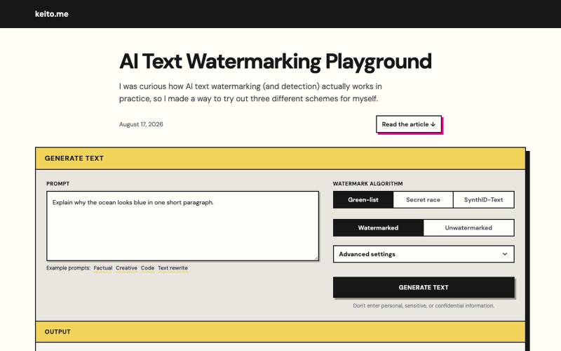 AI Text Watermarking Playground — screenshot