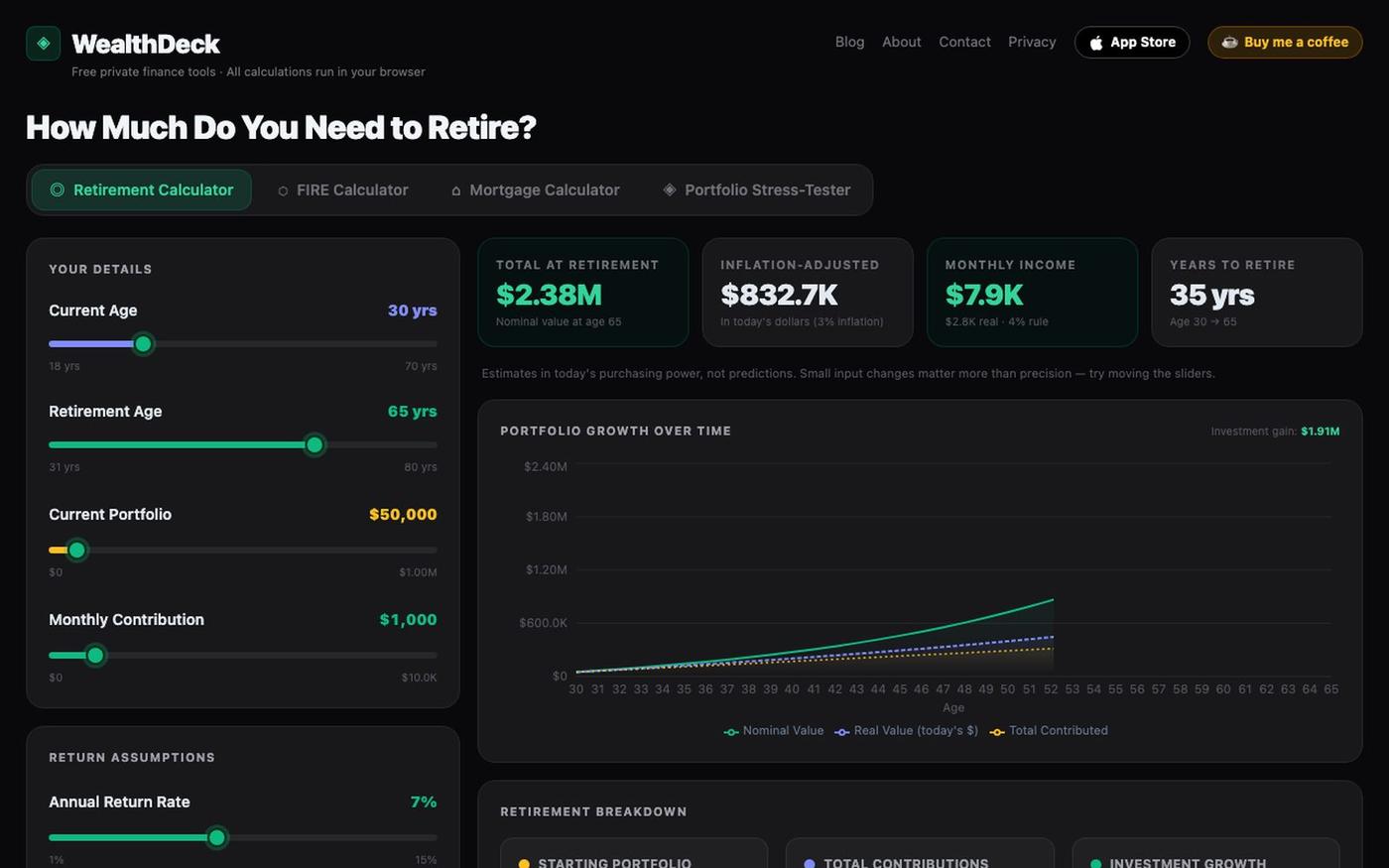 WealthDeck — Portfolio, Retirement & FIRE Calculator Tools — screenshot