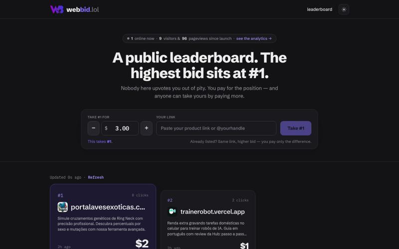 WebBid — the public product leaderboard — screenshot