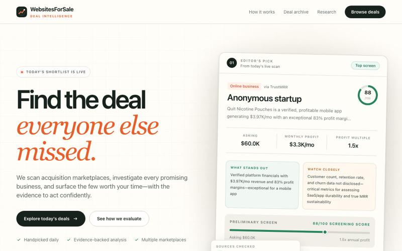 WebsitesForSaleOnline — Hand-picked websites for sale, daily — screenshot