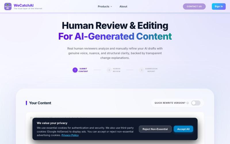 Human Review & Editing Service for AI-Generated Content | WeCatchAI — screenshot